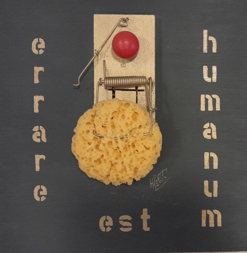 Horst Buldt, Errarre humanum est Bildcollage auf Holz 35x35 cm